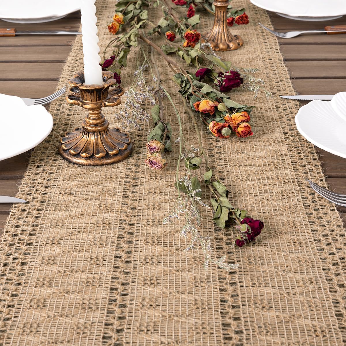 Dremisland Boho Table Runner Macrame Farmhouse 36 Inch Burlap Jute Bamboo Coffee Table Runner Rustic Table Cover Dresser Scarf for Dining Kitchen Table Centerpiece Decor