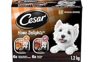 CESAR Home Delights Wet Dog Food - 6 Beef Stew and 6 Hearty Chicken and Noodle Dinner in Sauce, 12x100g Trays