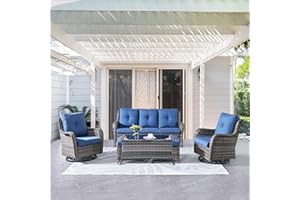 Belord Wicker Outdoor Furniture Patio Furniture Set - 6 Piece Patio Conversation Set with Swivel Rocker Chairs, Rattan Sofa, Ottomans and Coffee Table, Blue Cushion