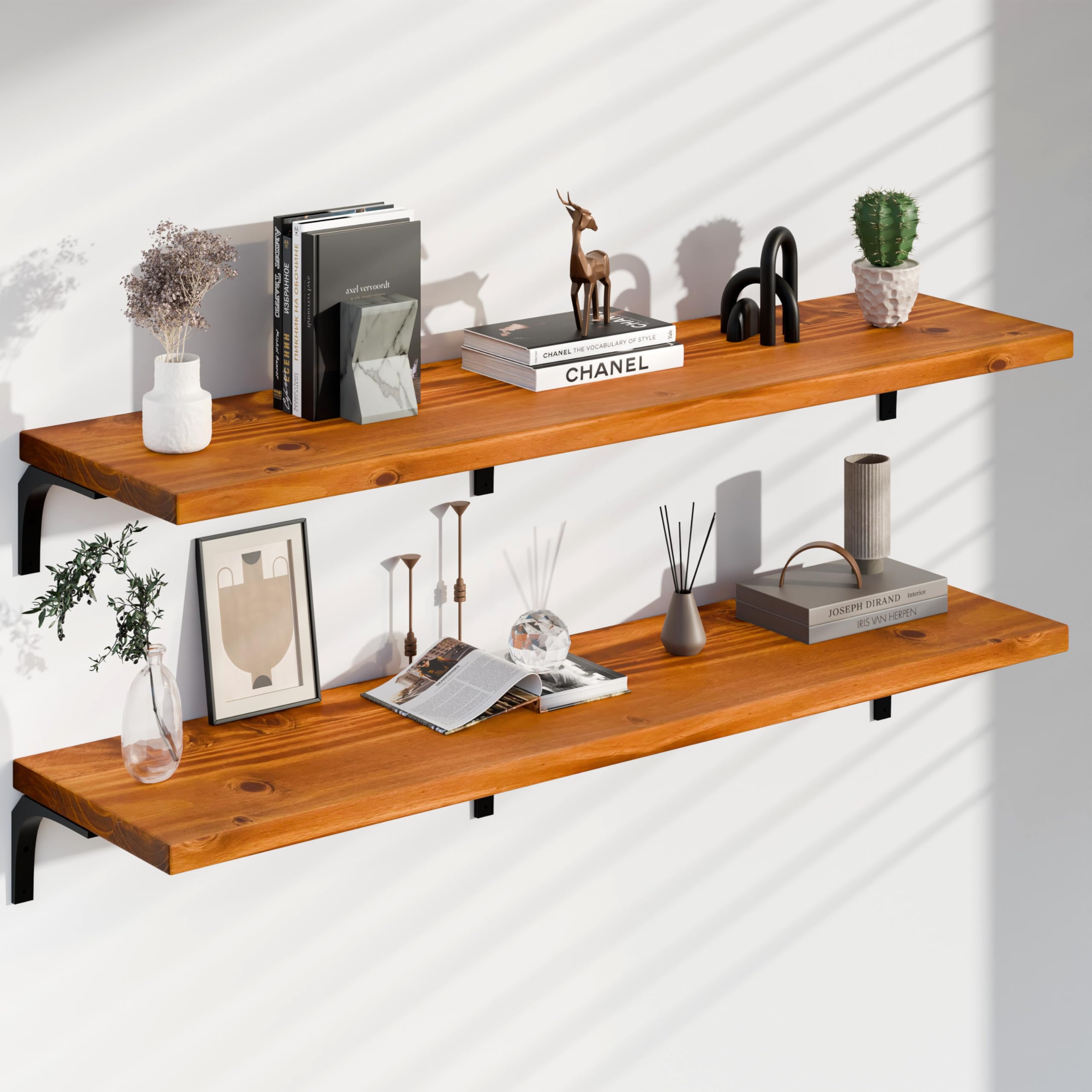 Photo 1 of TEDIDUWA 12 Inch Deep Floating Shelves Set of 2, 60 Inch Extra Wide Solid Wood Wall Shelves, Heavy Duty Wall Mount Bookshelf with 100 lbs Capacity, Farmhouse Rustic Storage for Kitchen & Living Room