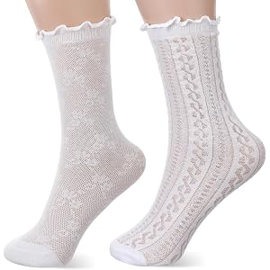 Ouligay 2 Pairs White Ruffle Socks for Women Breathable Frilly Socks Women | White Dress Socks Women Sheer Socks Womens Mesh