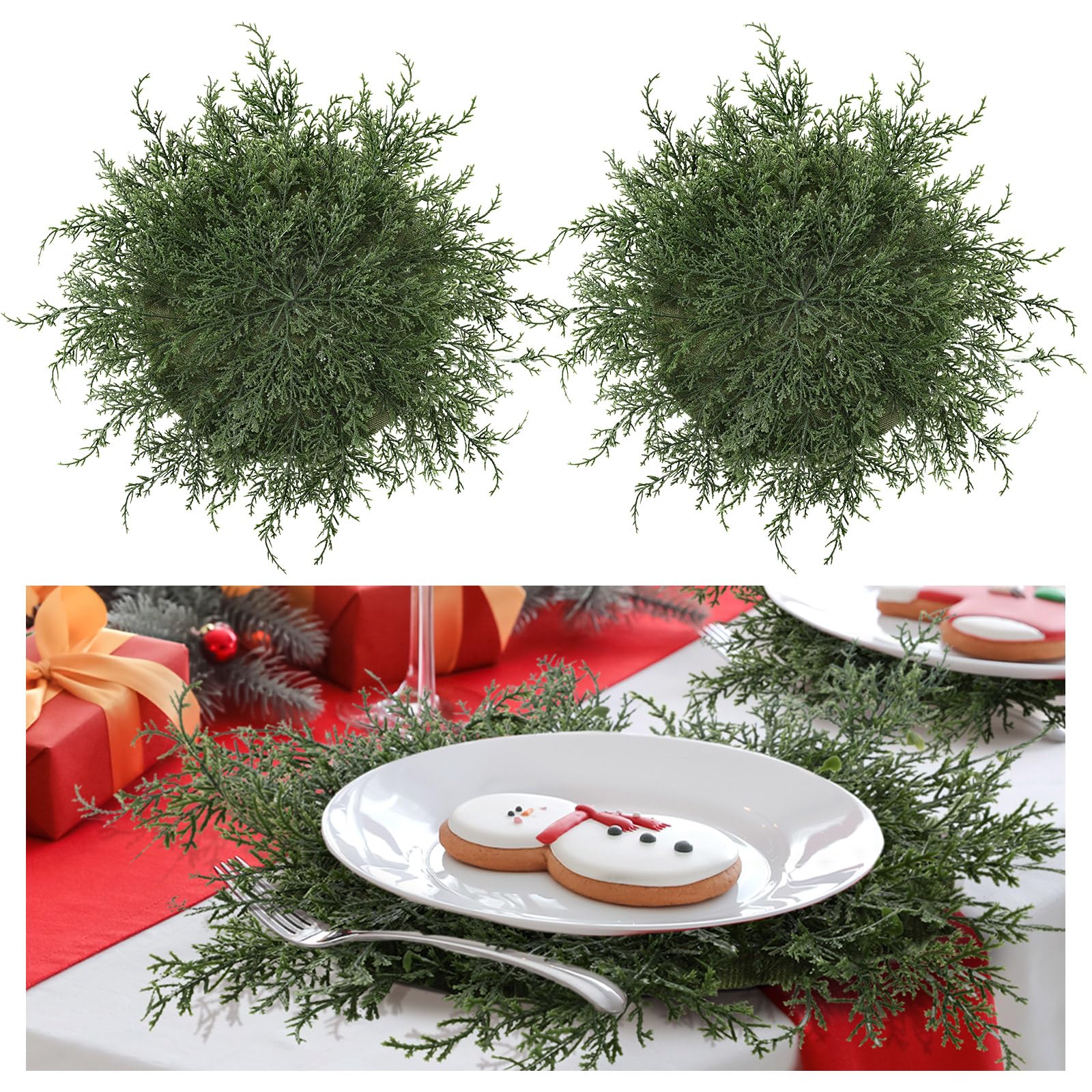 Photo 1 of 6 Pcs Christmas Pine Placemats 20 Inch Artificial Greenery Placemats Round Cedar Branch Place Mat Dining Table Mats for Xmas Party Decorations Holiday