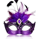 MYSEUNI 2025 Masquerade Mask for Women with Feathers - Venetian Masquerade Mask for Carnival Ball, Mardi Gras, Prom
