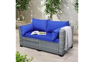 Lviden Outdoor Patio Loveseat Sofa, 2-Seater Small Couch, All Weather Wicker Love Seat Furniture with Royal Blue Cushions, for Backyard, Garden, Porch, Deck, Balcony