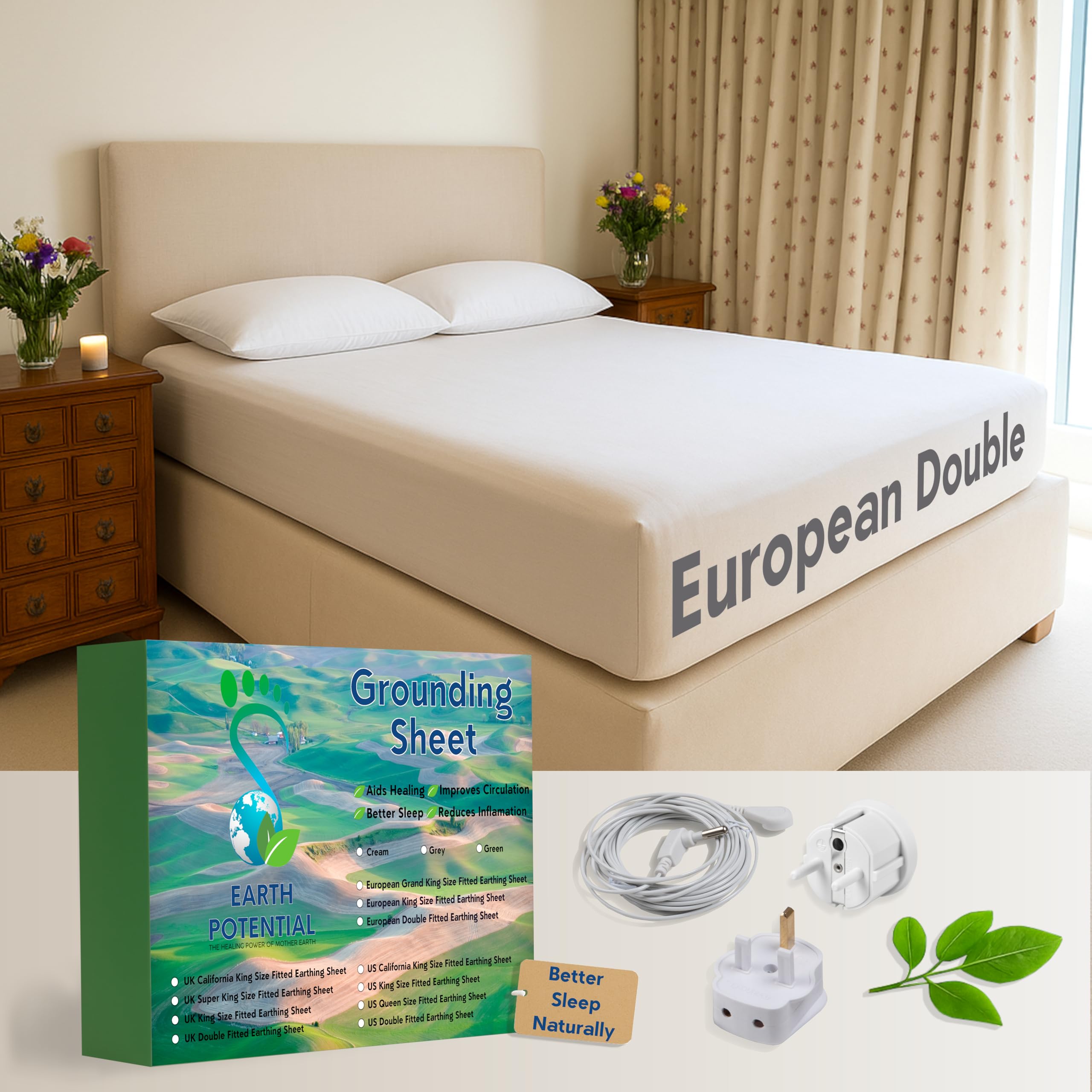 Earthing Grounding Fitted European Double Sheet 140 x 200 x 25cm in Cream – 95% Cotton and 5% Soft Silver Conductive Thread for Healing and Better Sleep – c/w 5m cable and European grounding plug