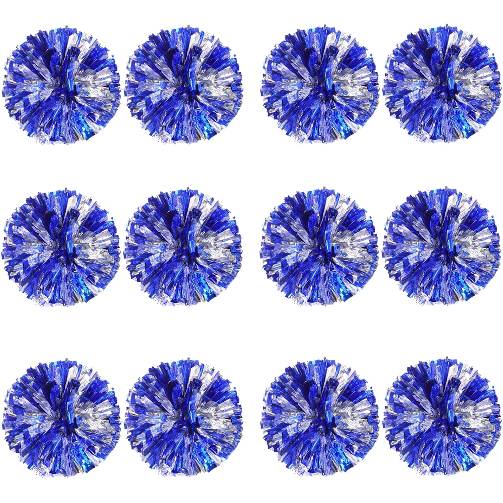 Magicor 12Pcs Cheerleading Pom Poms for Kids, Metallic Foil & Plastic Ring Cheer Girls School Game, Dance, Matches, Team Spirit Sports, Stage Performance, Carnival Celebration (12pcs-Blue Silver), M