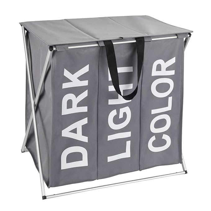 WENKO 62092100 Trio Top Wäschesammler, Wäschekorb 3 Fächer, 118 l, Polyester, 57 x 57 x 38 cm, grau