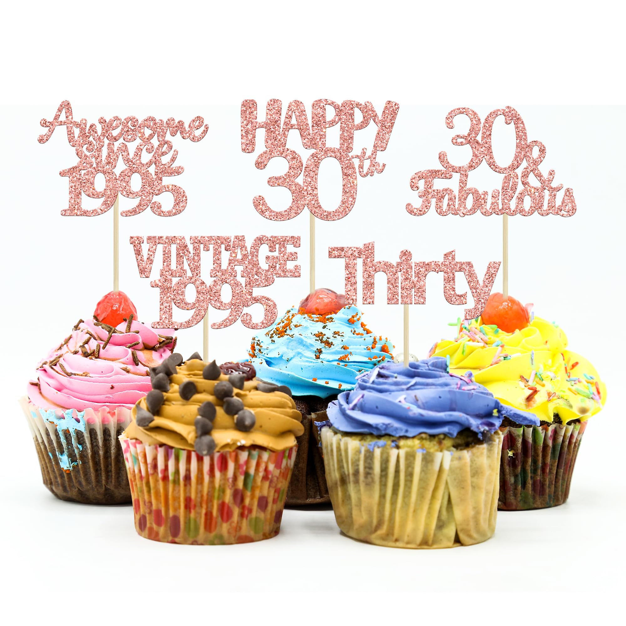 Gyufise 30Pcs Rose Gold Vintage 1995 Cupcake Toppers Glitter Number 30 Cheers to 30 Fabulous Thirty Cupcake Picks 30th Birthday Wedding Anniversary Party Cake Decorations Supplies