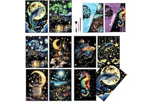 BULCHIGN Scratchboard Art for Adult Luminous Scratch Painting Kits, A5 Scratch Art Rainbow Painting Paper 8 Sheet with 4 Tools, Scratchboard for Teens & Adults, Fun Creative Craft Toy/Gifts/Decor, Dreams