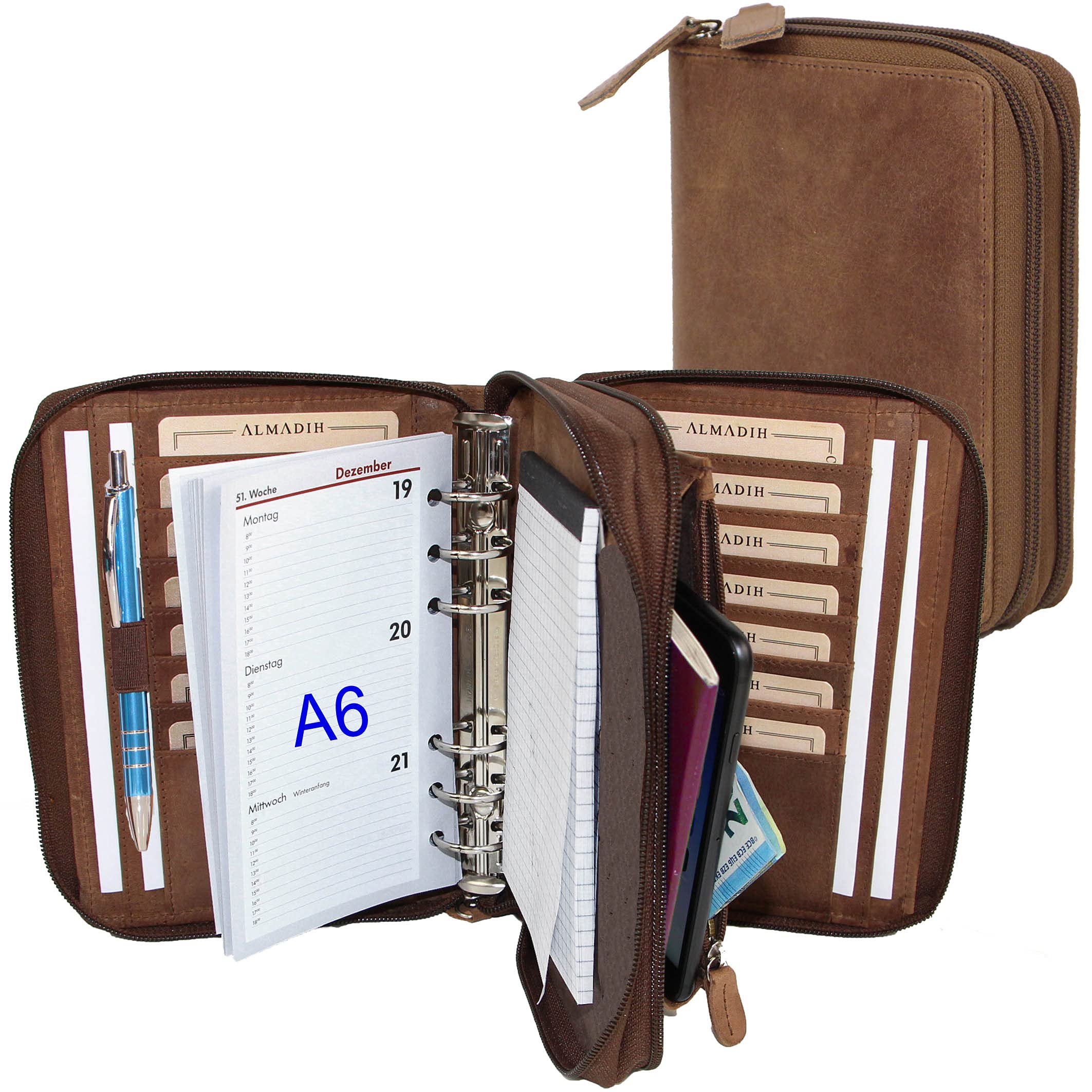 ALMADIH Leather A6 Organizer Double Zipper, Rings + Calendar 2025 + Writing Pad, Premium Cow Leather Brown Vintage Gift Box - Personal Planner Conference Folder System Ring Binder Portfolio A6KV