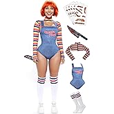 【5 Sizes】Halloween Chucky Costume for Women Wanna Play Bolero Top Overall Bodysuit Knee-high Socks Scar Tattoos Prop Knife