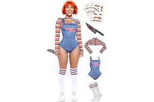 GONOSEED 【5 Sizes】Halloween Chucky Costume for Women Wanna Play Bolero Top Overall Bodysuit Knee-high Socks Scar Tattoos Prop Knife
