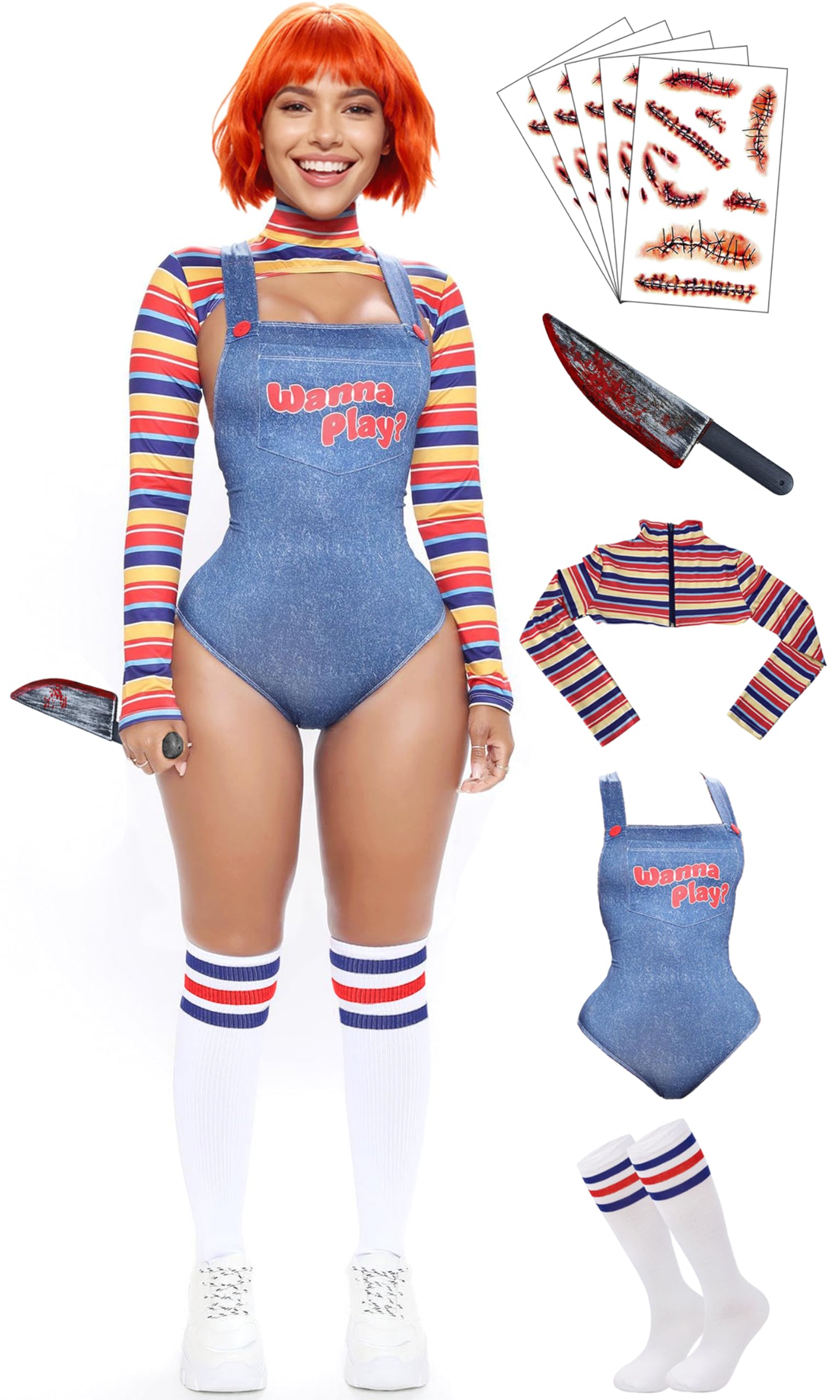 Photo 1 of ?5 Sizes?Halloween Chucky Costume for Women Wanna Play Bolero Top Overall Bodysuit Knee-high Socks Scar Tattoos Prop Knife - L Size