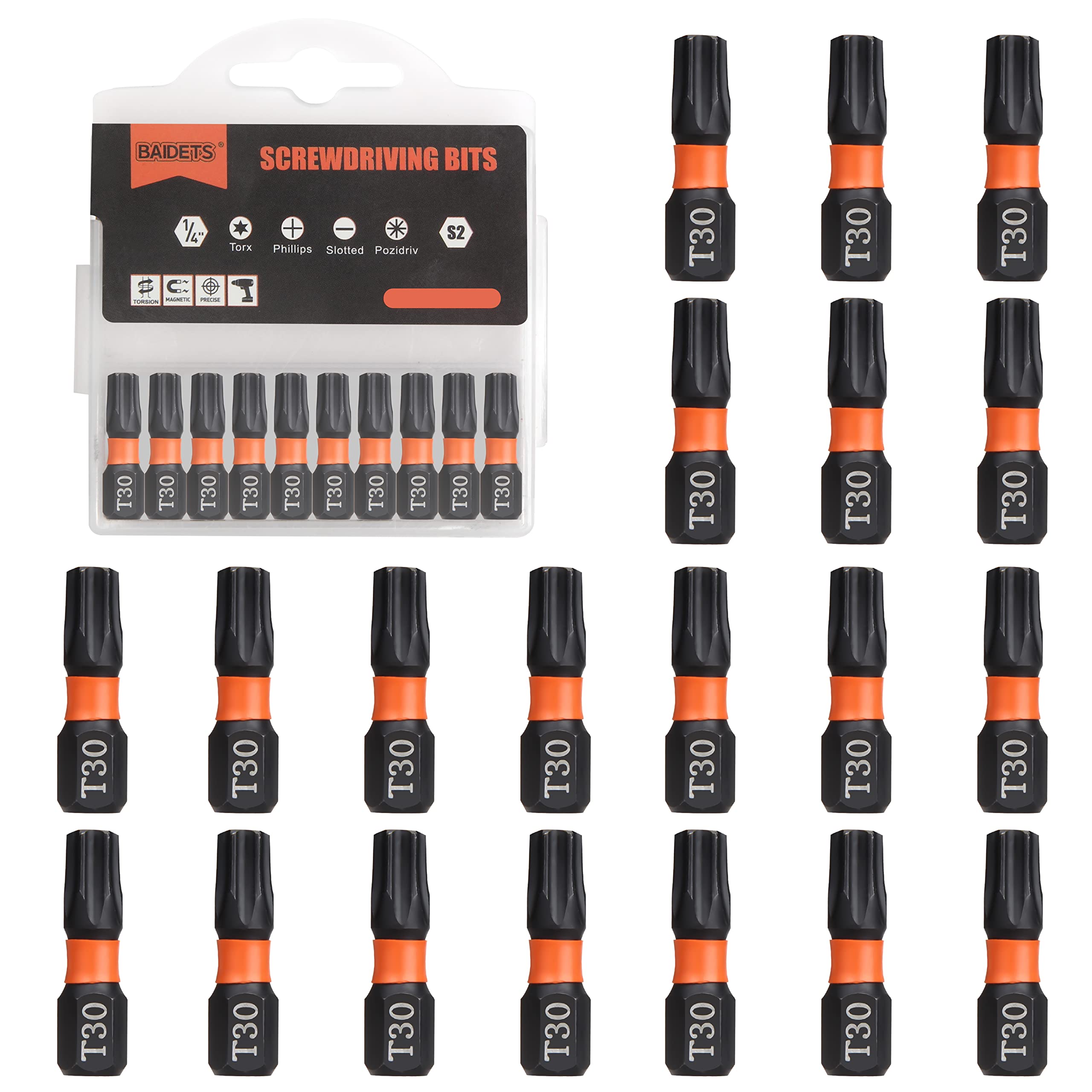 BAIDETS Pro T30 Screwdriver Bit Assortment - Set of 20, 25 mm Length, Torx, 1/4 Inch Hex Shank, With Dispenser Box — image 1