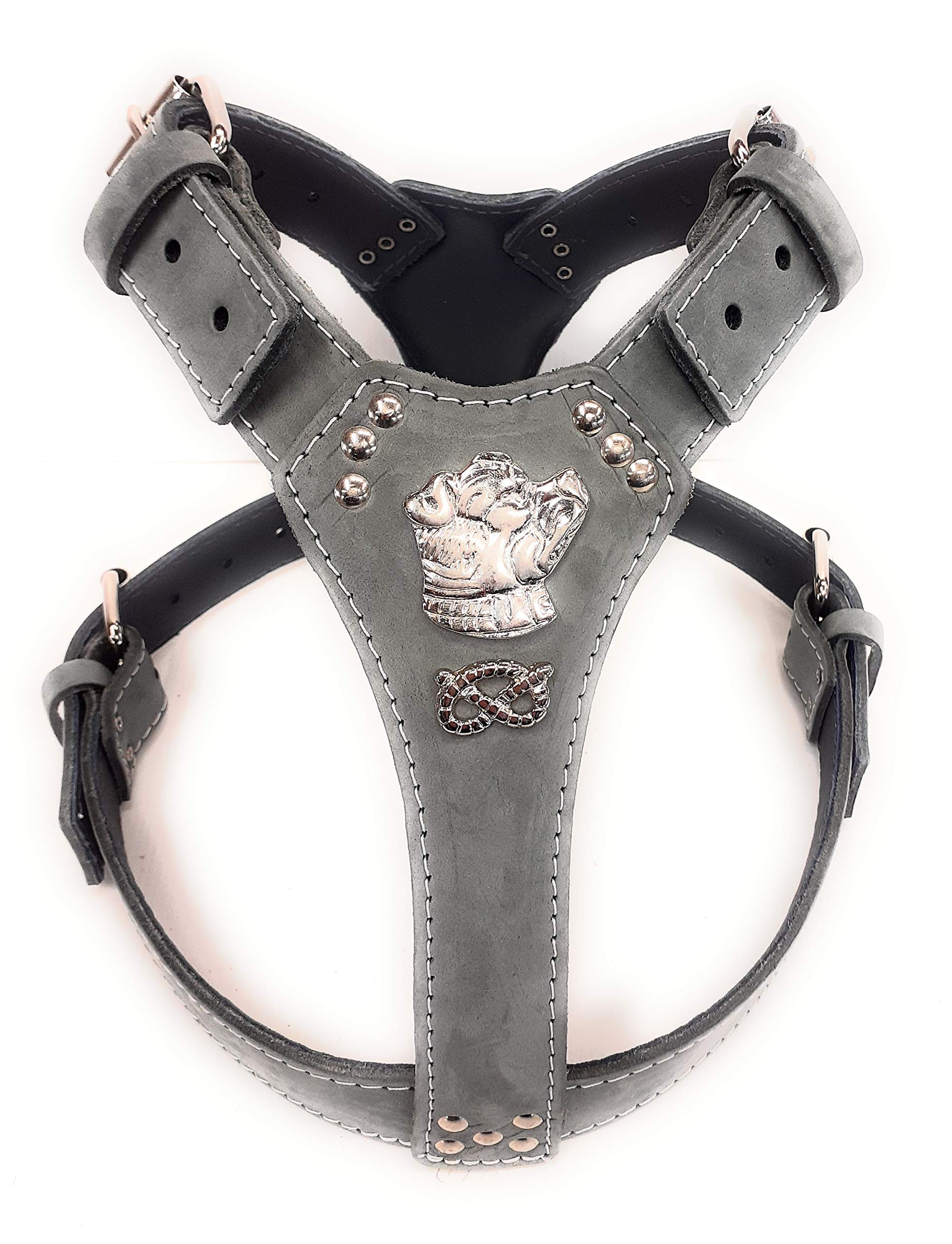 Beautiful Grey Leather Dog Harness Large with Staffordshire Bullterrier Head Motif & Knot