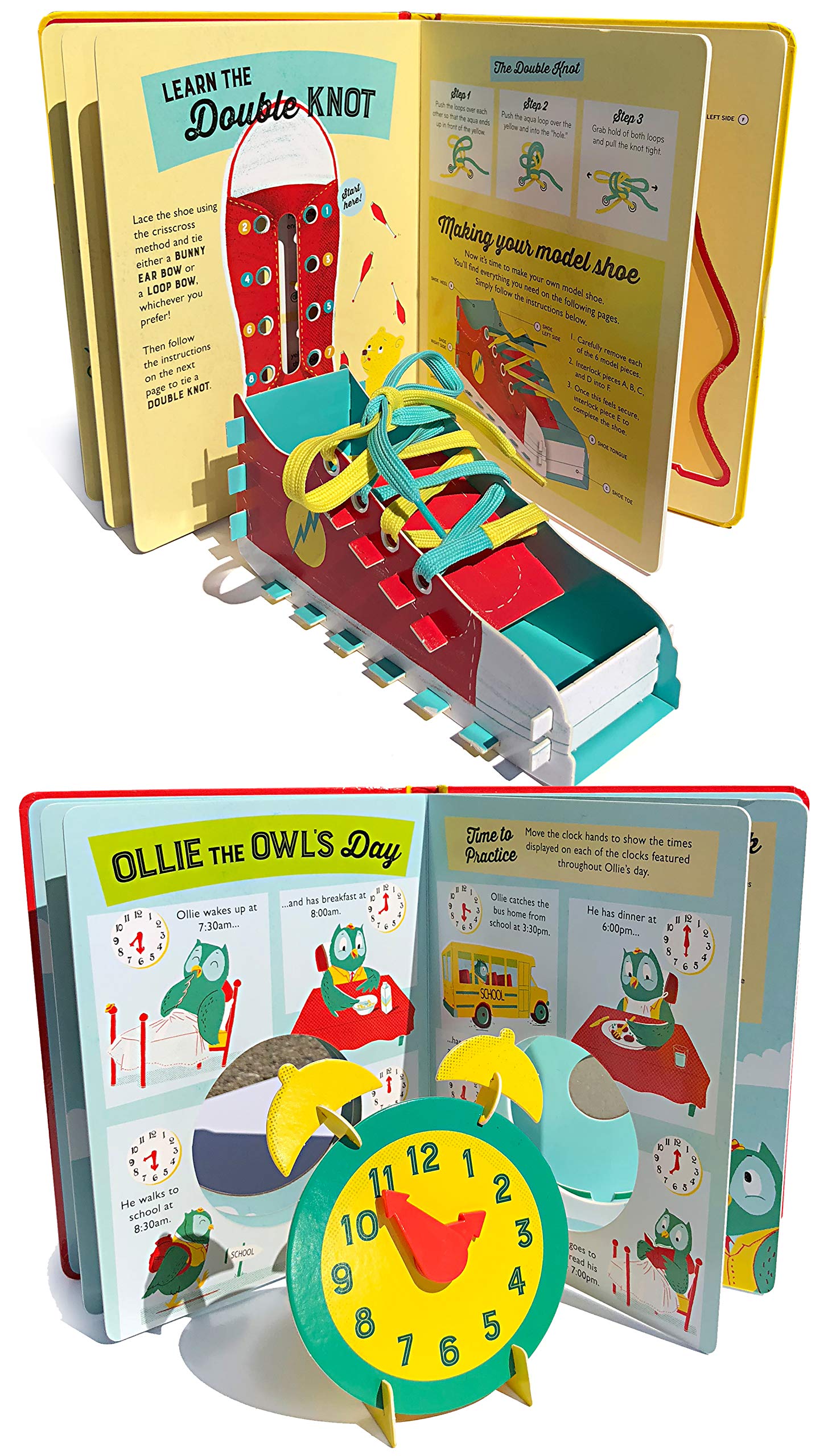 2-Pack How To... Board Books - How to Tie Your Shoes & How To Tell Time, Interactive Educational Bundled Set, Ages 3-9