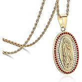 ROWIN&CO Virgin Mary Pendant Necklace 18K Gold Plated | Cubic Zirconia Oval Medal Religious Jewelry for Women & Men | Our Lady of Guadalupe Chain 20/24/30 Inch with Gift Box