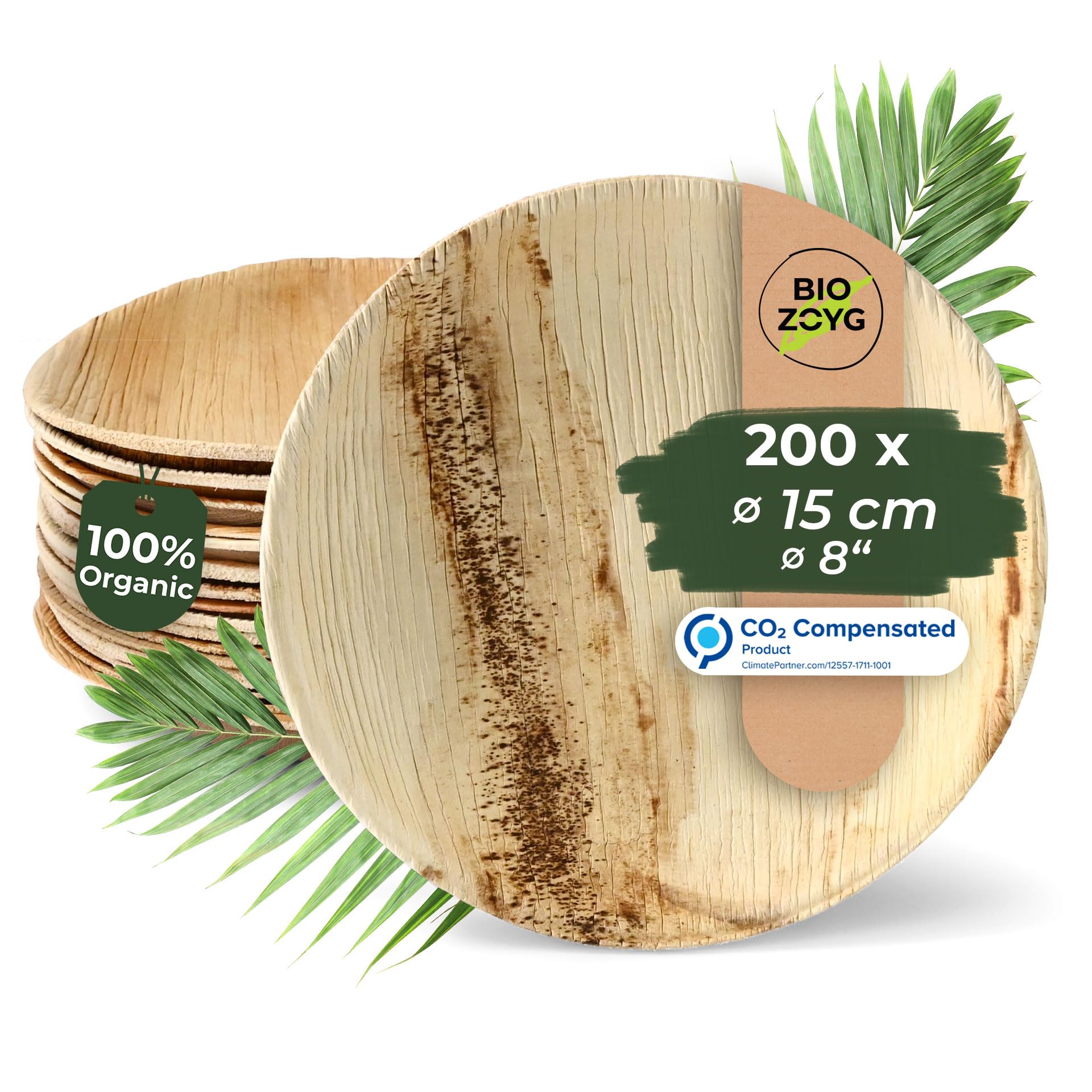 BIOZOYG 200x Palm Leaf Plates Diameter 18 cm - Eco Plates Compostable Plates, Natural - Round Party Tableware Eco-Friendly