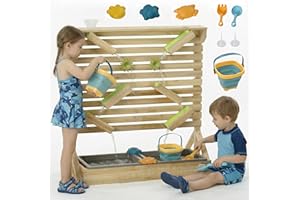 Outsunny 18 Pcs Kids Running Water and Sand Playset Outdoor with Sinks, Wooden Sensory Toys with Colorful Accessories, Gift f