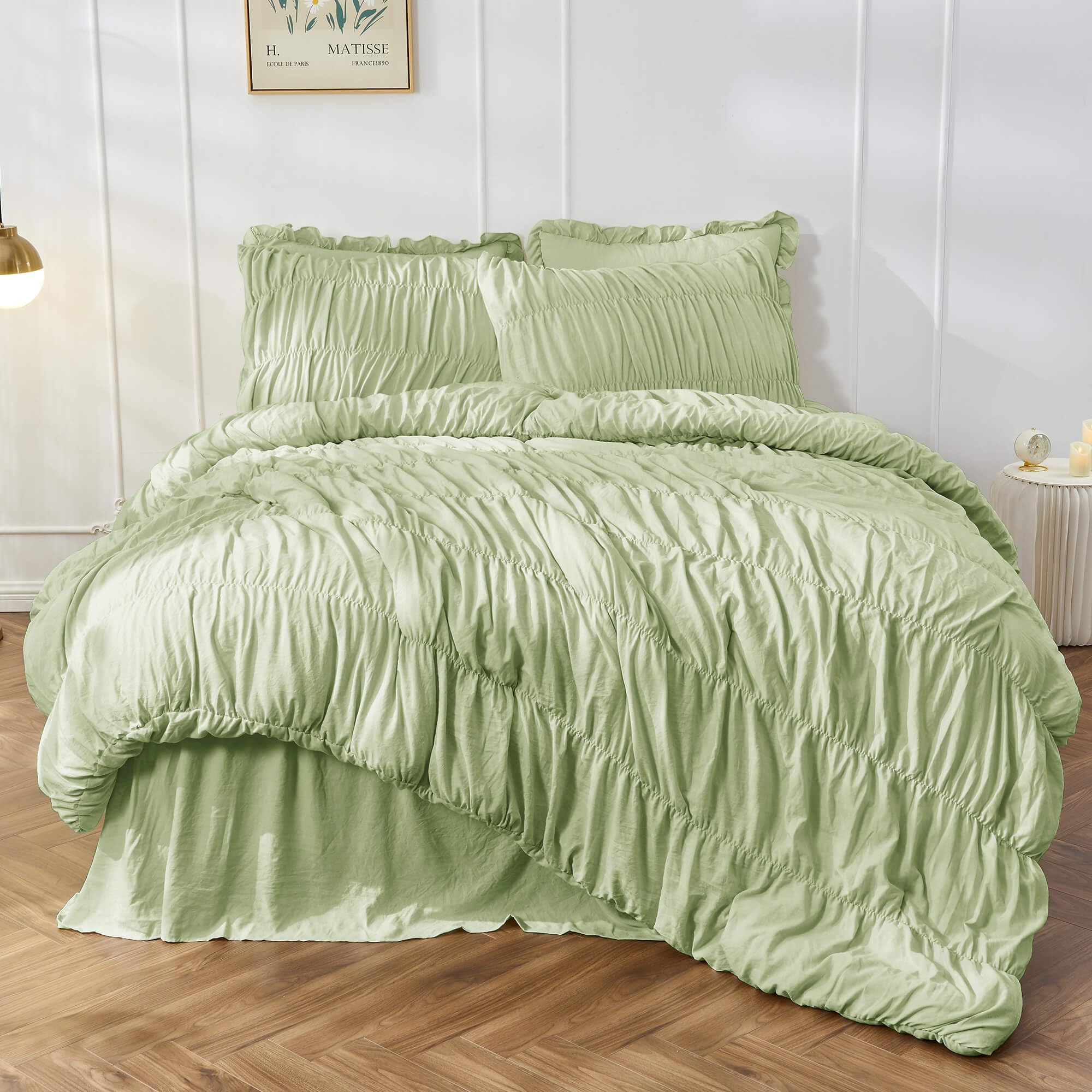 Bonlino Queen Comforter Set Green Bedding - Ruched Comforter Queen Size Bed Set Boho Shabby Chic Bedding for Bedroom Comforter Fluffy 3 Piece Ruffle Comforter Set Sage Green