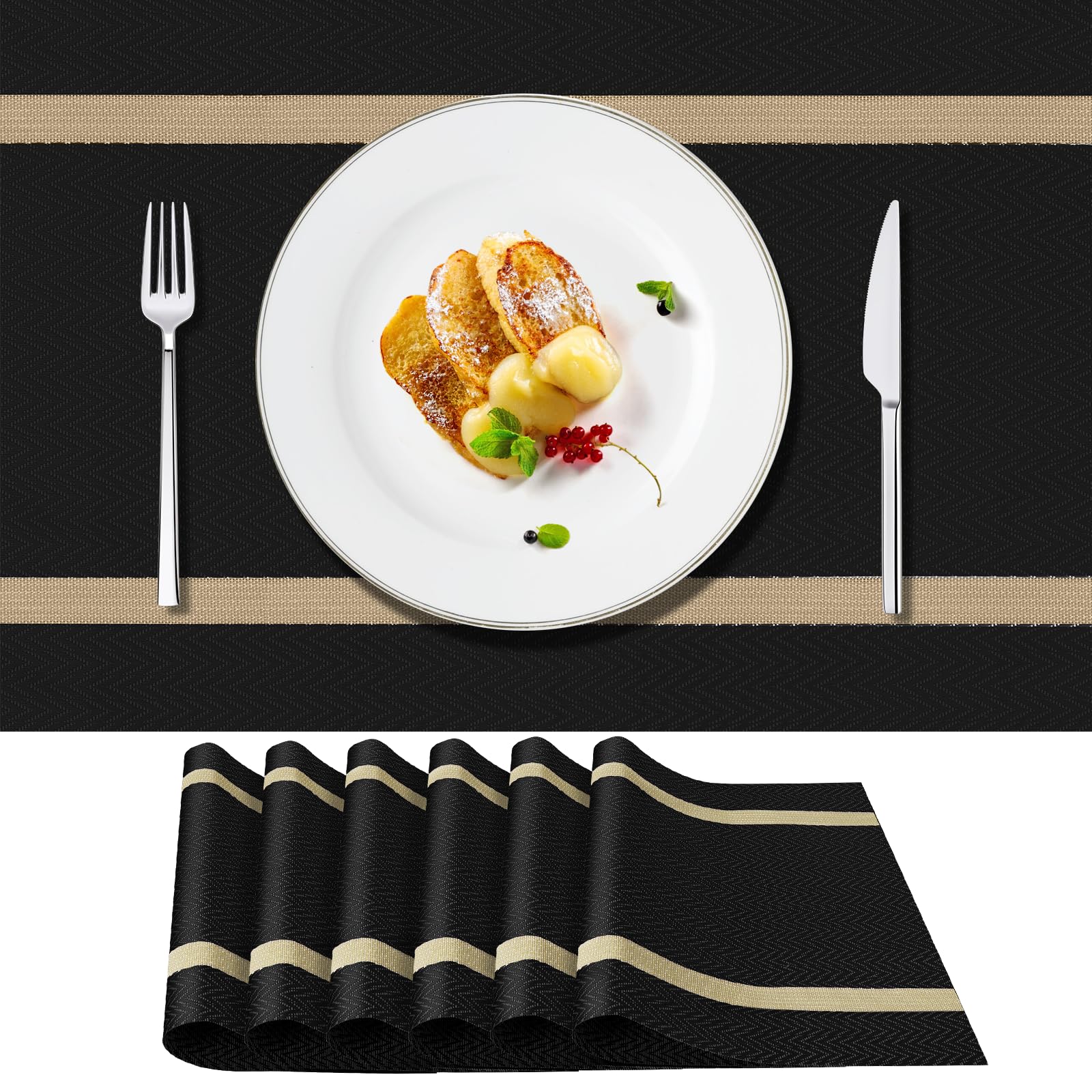 PullinTimes Placemats Set of 6,Table Placemats of PVC,Washable Non-slip Heat Resistant Dining Table Mats for Home Restaurant Hotel, 45CM x 30CM (Black)