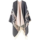 Hoosige Women's Tassel Open Front Poncho Cape 51.2 x 61'' Reversible Winter Warm Shawl Wrap Printed Poncho Cardigan for Women