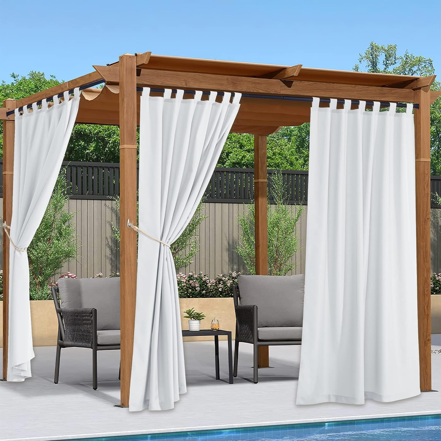 Outdoor Curtains - NICETOWN 2 Pieces Porch Curtains Outdoor Waterproof, Privacy Thermal Insulated Tab Top Sun/Rain Protection Indoor Outdoor Drape for Cabana/Pool, White, 55 by 84 inches