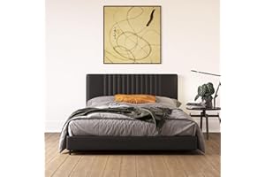 REALROOMS Rio Faux Leather Upholstered Platform Bed with Tufted Headboard, Queen, Black