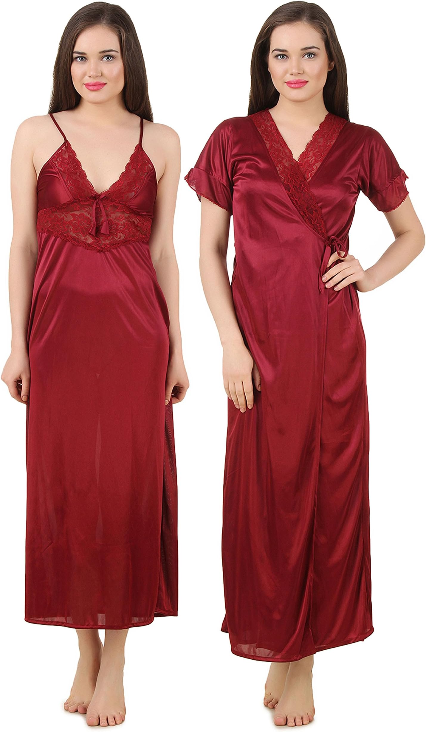 Fasense Women Satin Nightwear Sleepwear 2 PCs Set of Nighty & Wrap Gown GT005