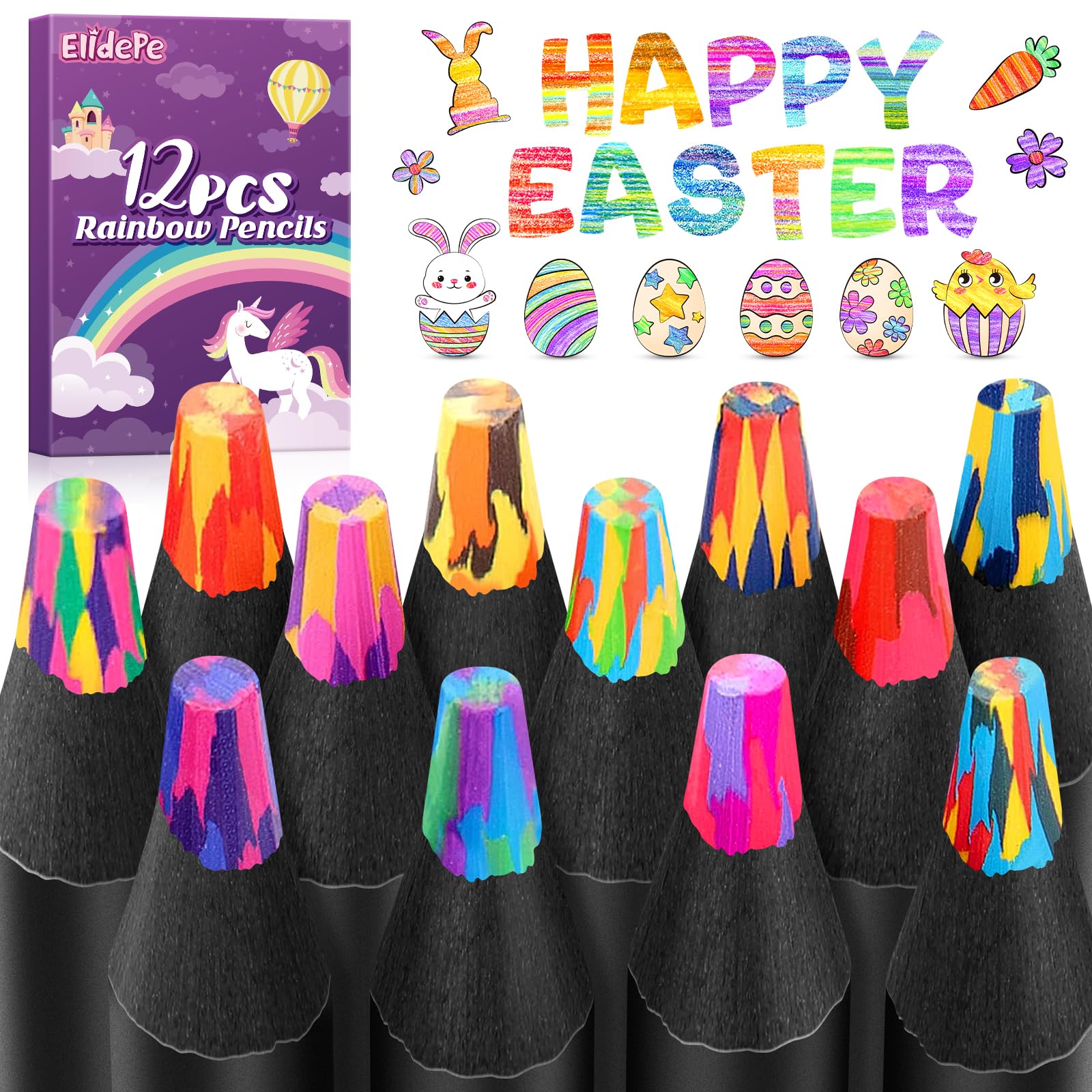 Elidepe Easter Gifts for Kids, Colouring Pencils, 12 Rainbow Pencils, Teenage Girls Gifts, Gift for 4-10 Year Old Girls, Art Supplies for Adults Kids, Arts and Crafts for Kid
