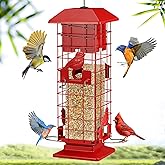 Squirrel Proof Bird Feeder for Outdoors Hanging, Yongblus Metal Wild Bird Feeders, with Weight Activated Perches 4 Ports, 3Lb Capacity Squirrel Proof Bird Feeder for Outside, Cardinal, Finch, Bluebird