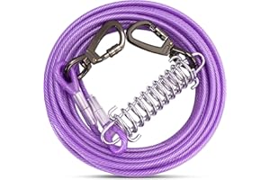 AYIFFWTEO Purple Tie Out Cable with Spring for Dogs,10/20/30/50FT Long Dog Leash,Dog Runner for Yard Heavy Duty,Dog Chains for Outside, Sturdy Long Line Lead for Dogs Training Outdoor in Camping(Purple,10ft)