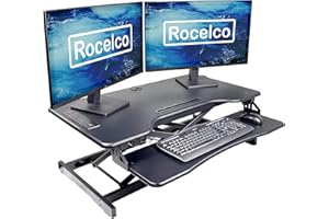 Rocelco 37.4" Electric Standing Desk Converter with Dual Monitor Mount Arm - AC USB Charger - Motorized Height Adjustable Sit
