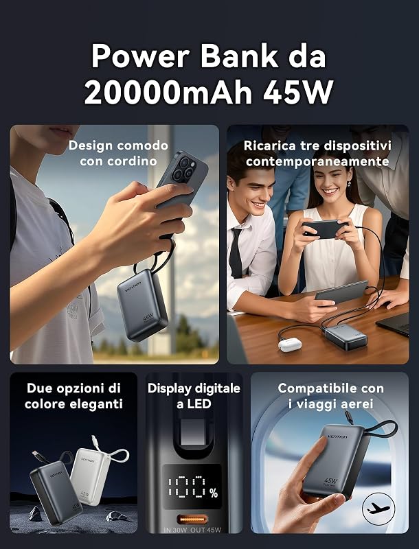 Mini Power Bank 45 W 20000 mAh con cavo USB-C integrato, PD/PPS, caricabatterie rapido, batterie esterne per cellulare con display a LED per iPhone 16/15/14, Galaxy S25/S24, iPad, laptop