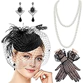 Black Fascinator Hats for Women Pillbox Hat Set 20s 50s Top Hat Vintage Tea Party Feather Headband Lace Gloves Set Halloween Wedding