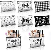 8 Pcs Bow Makeup Bags Bulk for Women Black Coquette Aesthetic Preppy Cosmetic Bags Bow Floral Canvas Toiletry Bags Aesthetic Travel Zipper Pouches for Bridesmaids Wedding Party Favors Supplies