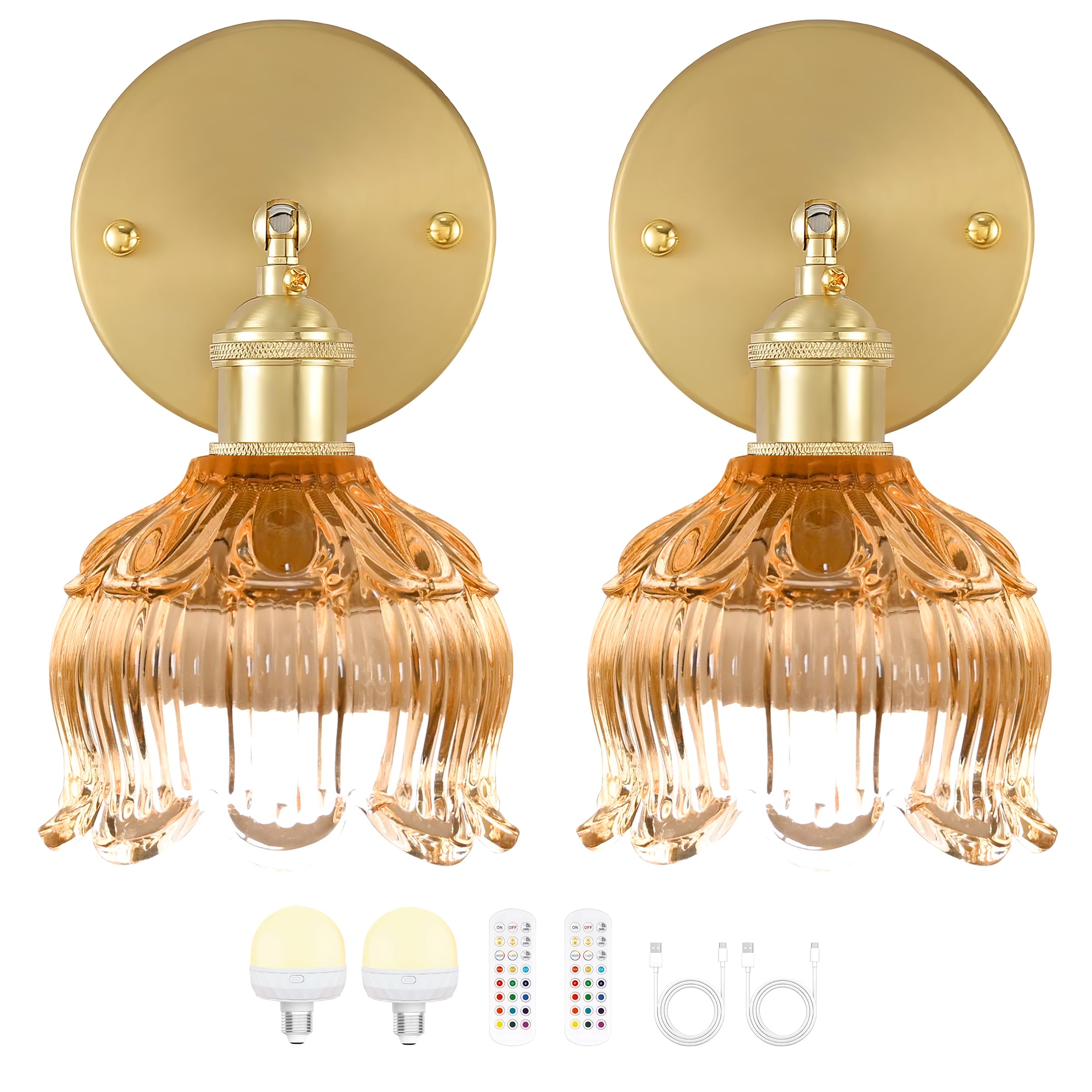 Photo 1 of Battery Operated Wall Sconce with Remote Control,Vintage Wall Lamp with Flower lampshade,Rechargeable Battery Powered Wall Lights with 15 Colors for Beside Bedroom Living Room Doorway,Set of 2
