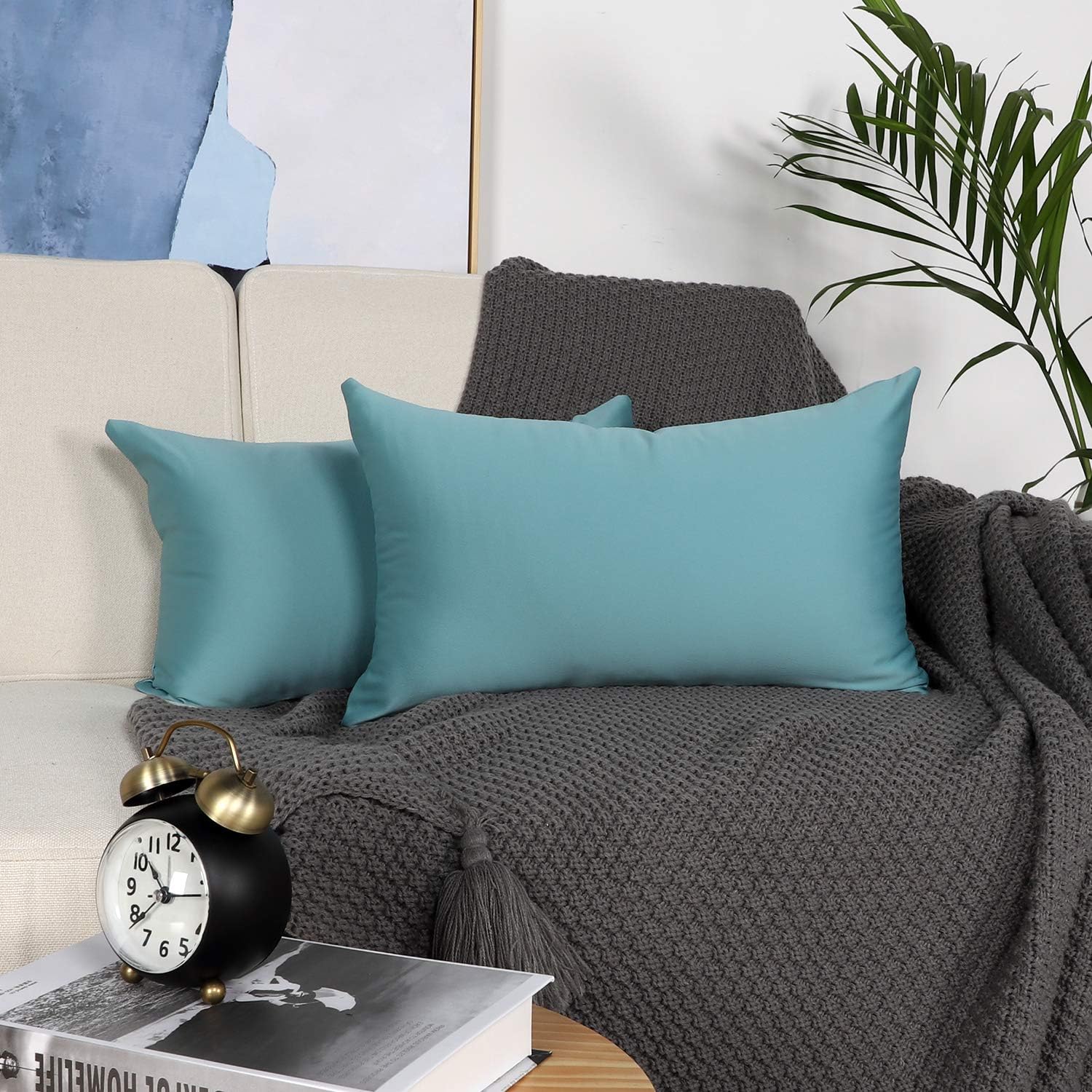 Mandioo Set of 2 Cozy Faux Silk Throw Pillow Covers Cases Decorative for Couch Sofa Home Solid Square 12 x 20 Inches, Teal