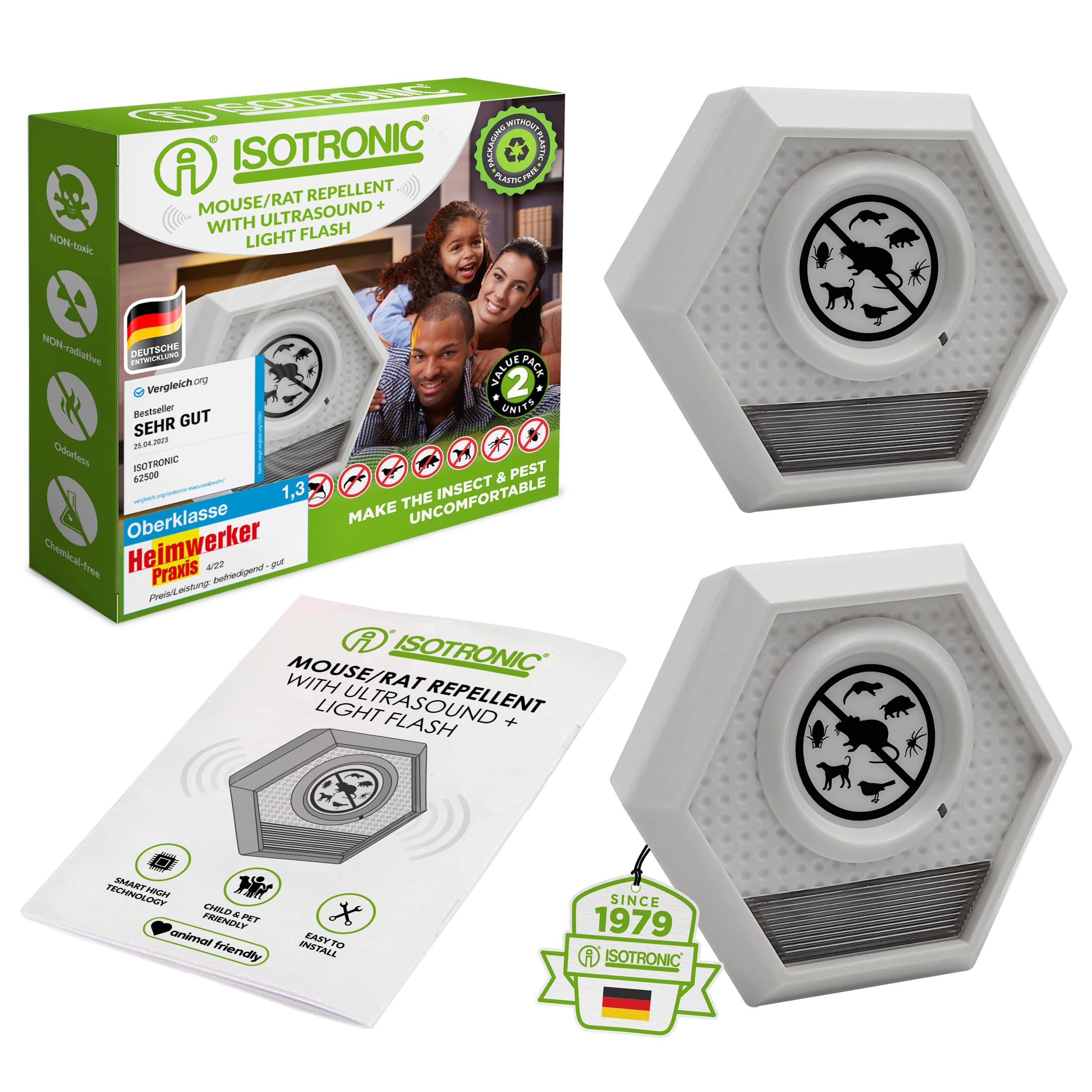 ISOTRONIC® Ultrasonic Animal Bird Repeller device, portable Dog Cat Deterrent, Pigeon Scarer Selectable Frequency Set of 2