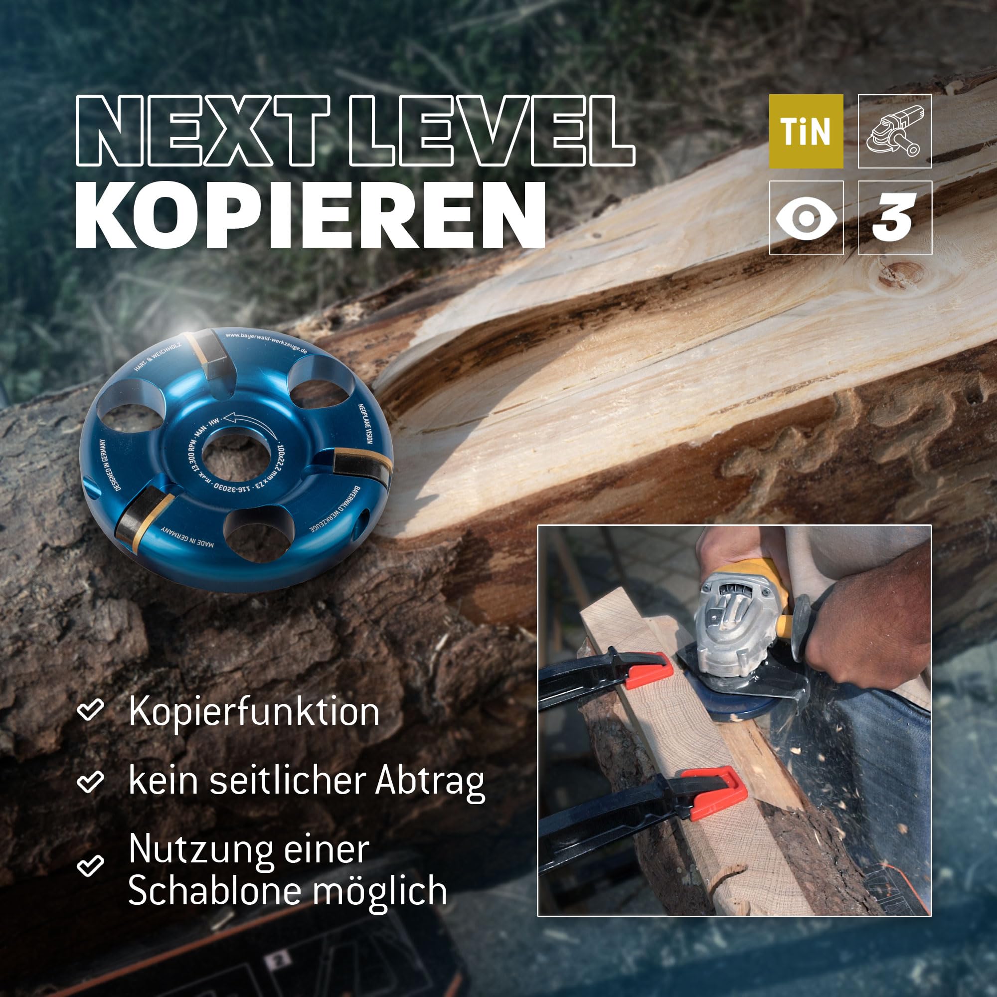 QUALITÄT AUS DEUTSCHLAND Bayerwald Werkzeuge NeoPlane - Frässcheibe Schnitzscheibe für Holz passend Winkelschleifer - Carving mit freier Sicht - wechselbare TiN-beschichtete HM Zähne lange Standzeit 7