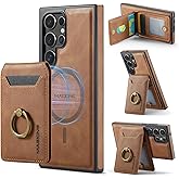 Oidealo Magnetic Leather Case for Samsung Galaxy S23 Ultra, Compatible with MagSafe, Shockproof Protective Phone Case Detachable Wallet RFID Blocking Card Holder Ring Stand (Brown)