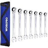 WORKPRO 7-Piece Ratcheting Combination Wrench Set, Metric 8-17mm | 72-Tooth Ratchet, Cr-V Steel Construction, Roll Up Pouch, for Auto Repair &amp; Home DIY
