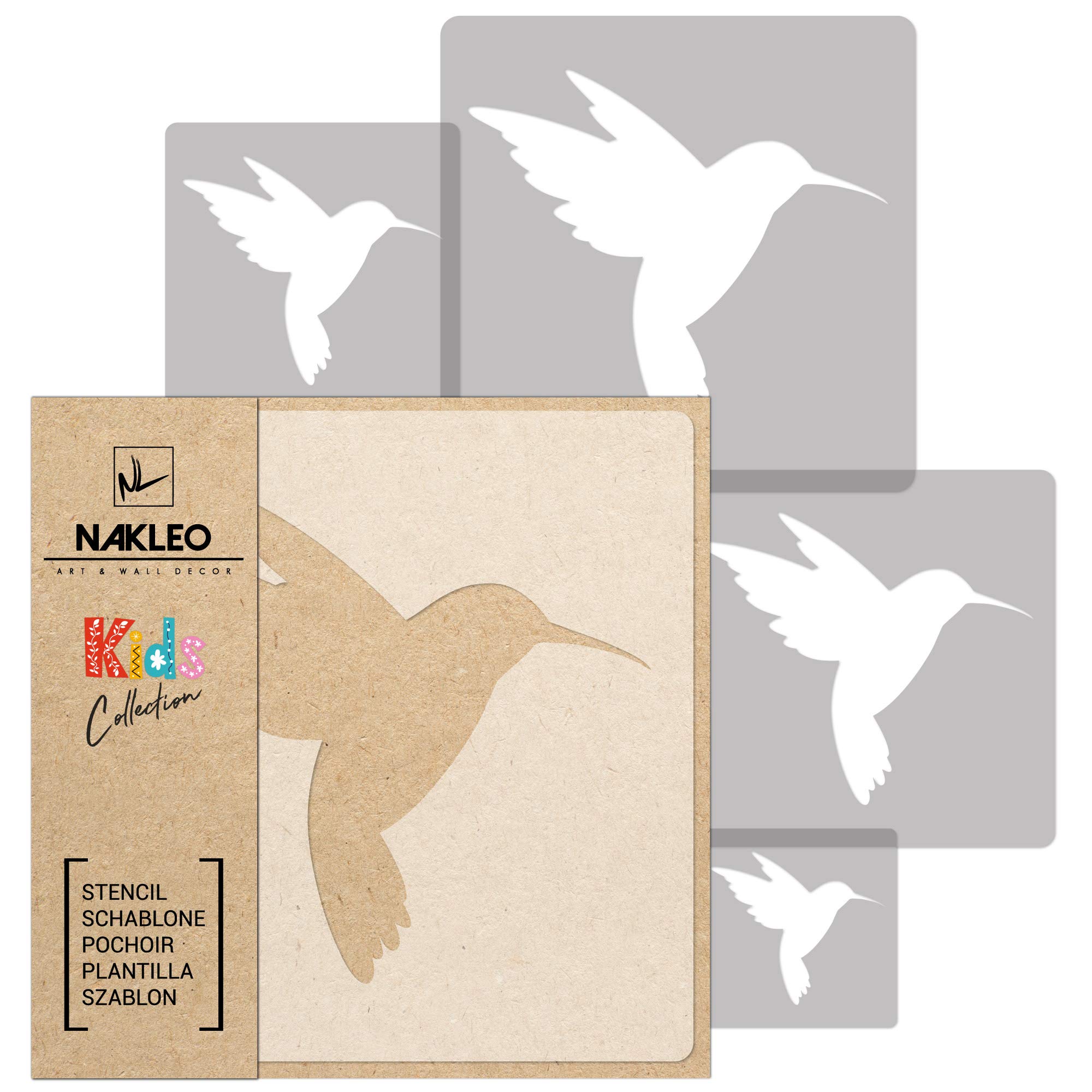 NAKLEO Painting Stencils Set for Kids, 5 Pcs Templates 9x9 to 34x34cm Humman-Bird Animal Tropic, Plastic and Reusable Drawing Stencils, Children Room Decor, Craft DIY Wall Furniture