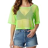 Neon Fishnet Tops, 80s 90s Neon Shirts for Women, Casual Sexy Mesh Off Shoulder T-Shirt Suitable for Masquerade Disco Party