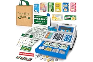 BSTOYDER Cash Register Toy for Kids, 120 Pcs Grocery Store Playset with Credit Card, Grocery Boxes, Microphone, Calculator Cash Register Toy Gift for Toddlers, Grey