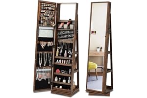 ACIPENSER 360° Rotating Jewelry Cabinet Standing, Full Length Mirror Jewelry Cabinet Organizer, Lockable Jewelry Armoire w/La