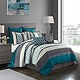 Grand Avenue Gray&Teal Comforter Set King, Jacquard 8 Pieces Bedding Sets with Comforters, Bed Skirt, Embroidered Pillows & Shams, Ultra-Soft, Bed-in-a-Bag