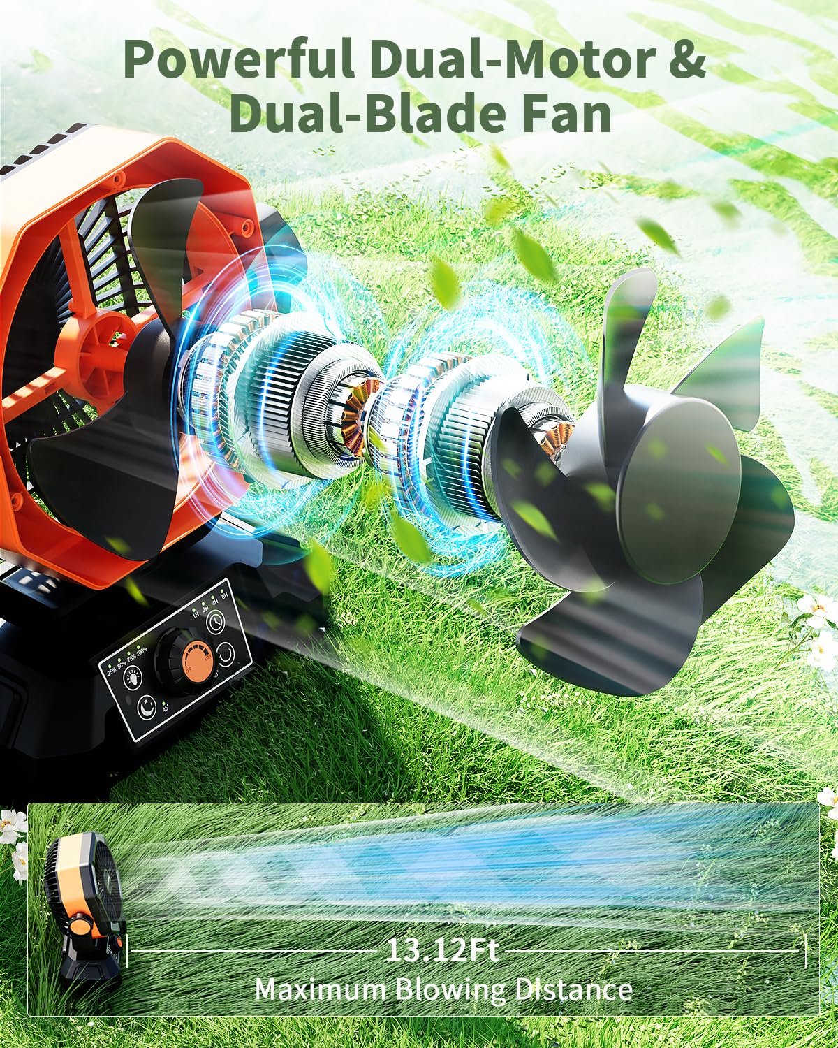 coldSky 𝟮𝟬𝟬𝟬𝟬𝗺𝗔𝗵 Camping Fan with 𝗗𝘂𝗮𝗹 𝗠𝗼𝘁𝗼𝗿, Battery Operated Fan with 4 LED Lantern, 8 Speeds Desk Fan with Remote, Portable Outdoor Fan with Hook for Tent, Power Outages, Jobsite