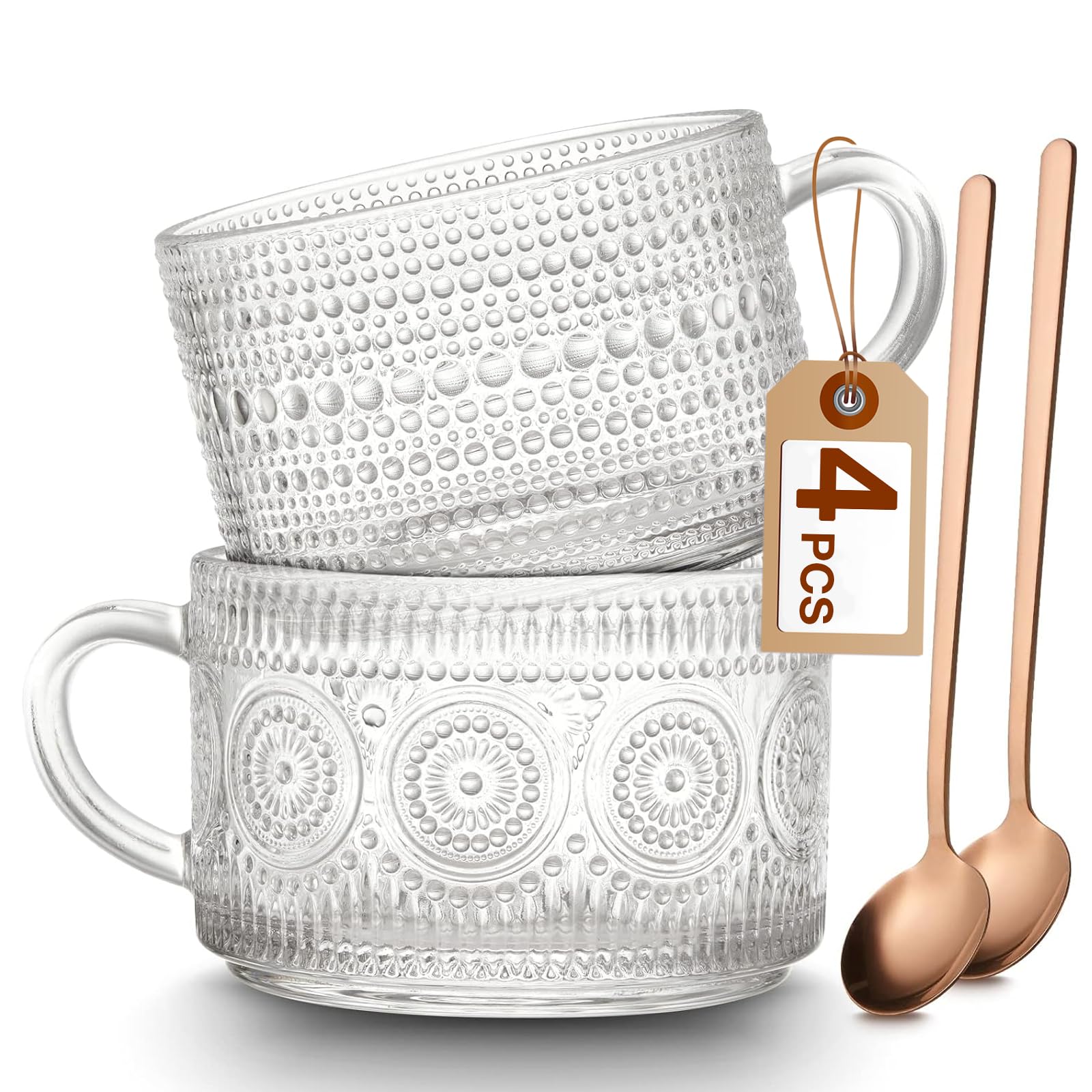 Photo 1 of ***********MISSING 1 SPOON************
Mfacoy Vintage Coffee Mugs Set of 2, 14 oz Embossed Glass Cups with Handle, Clear Cups for Cappuccino, Latte, Cereal, Yogurt, Milk, Hot or Cold Beverages