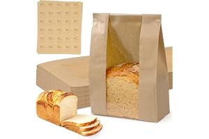 LikeMart Bread Bags for Homemade Bread, 40 Pcs Sourdough Bags with Tin Tie & Window, 14x8.3x3.5 inches Large Paper Bread Bags for Storage Bakery, Cookies & Snacks, 60 DIY Stickers